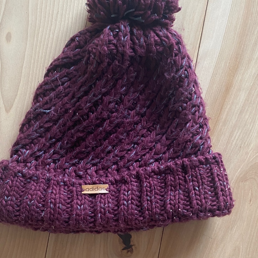 Adidas Maroon Knit Beanie with Pom-Pom